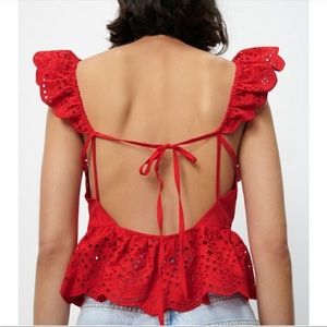 Zara Red Ruffled Eyelet Tie Back Blouse